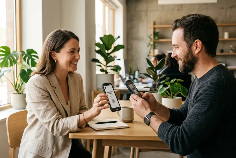 Two professionals sharing a digital card on a phone